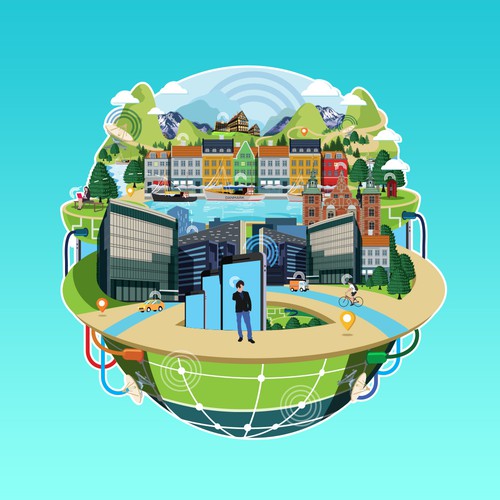 Technology illustration with the title 'graphic design for Danish Telco company'