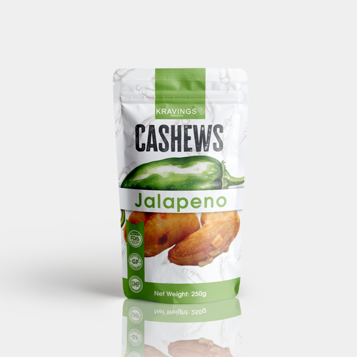 Snack bag packaging with the title 'Cashew Jalapeno Pouch Packaging Design'