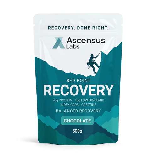 Stand-up pouch design with the title 'Label design of a nutritional supplement for climbers'