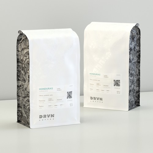 Mockup packaging with the title 'Coffee Bag Packaging and Label Design'