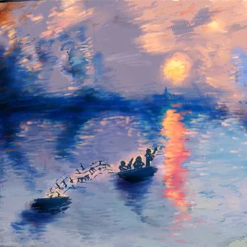 Blue artwork with the title 'Tribute to Claude Monet'