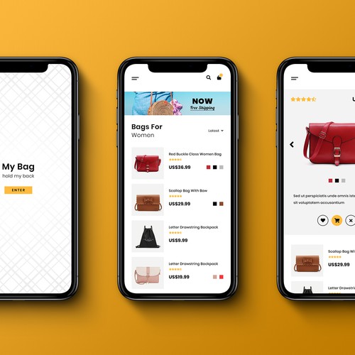 Interactive design with the title 'Bag Shopping Mobile App'