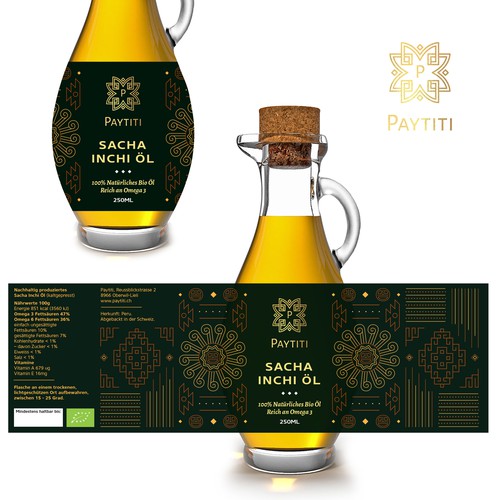 Traditional label with the title 'Bespoke Peruvian Patterned Oil Bottle Label'