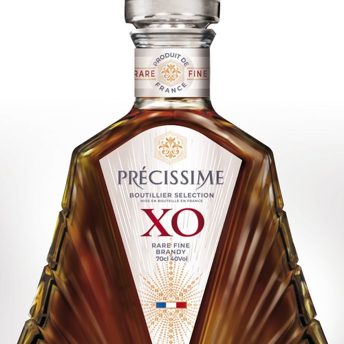 Product label with the title 'Création l'habillage brandy xo.'