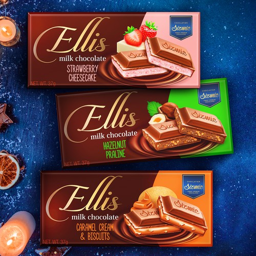 Chocolate packaging with the title 'Ellis milk chocolate'