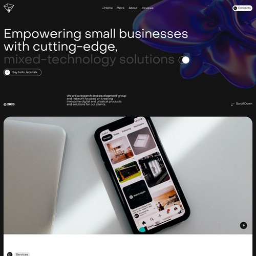 3D website with the title 'Design an impactful landing page for a multi-disciplinary technology group.'