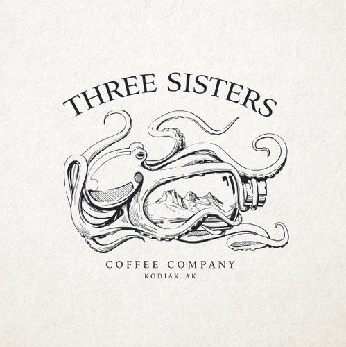 Octopus design with the title 'Three Sisters Coffee Company Logo'