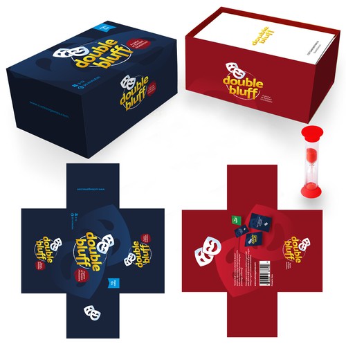 Red and blue design with the title 'Create a vibrant, eye-catching design for Double Bluff party game'