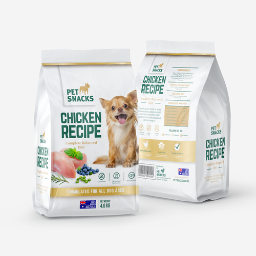 Pet food packaging with the title 'Chicken Recipe Dog Food Packaging Design'