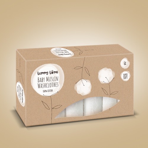 Cardboard packaging with the title 'Design a beautiful, minimalist packaging for baby washcloths'
