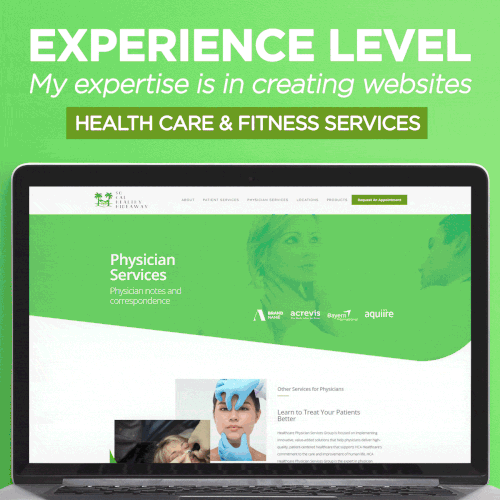 JavaScript design with the title 'Square Expert Websites for Health care and Fitness services'