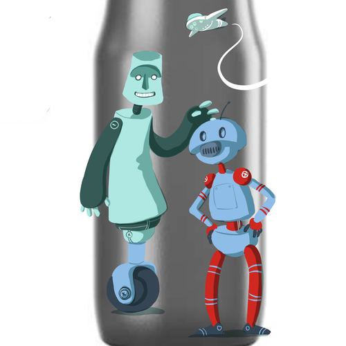 Spaceship illustration with the title 'Drinking bottle design for kids'