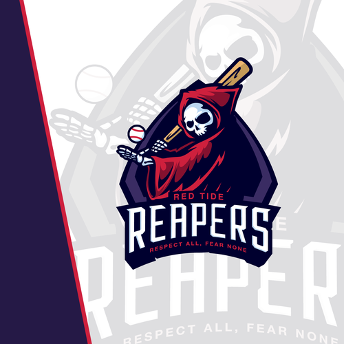 Red and purple design with the title 'Reaper Baseball Sport Logo'