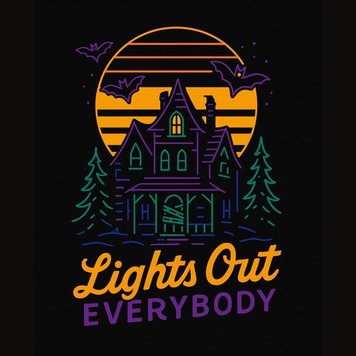 Spooky design with the title 'Retro Haunted House Halloween Art Design (This Design Is Available For Sale)'