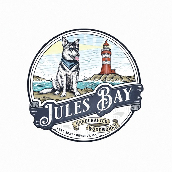 Dog logo with the title 'Jules Bay Handcrafted Woodworks'