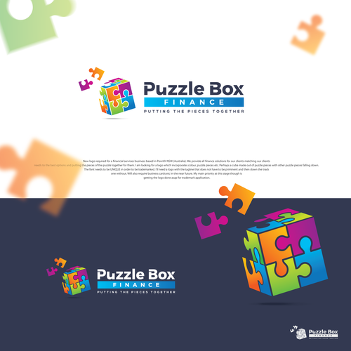 Finance brand with the title 'Puzzle Box Finance Logo & Brand Identity Design.'