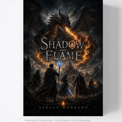 Epic fantasy book cover with the title 'Shadow and Flame – Epic Fantasy Book Cover'