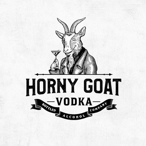 Scratchboard design with the title 'Horny Goat Vodka'
