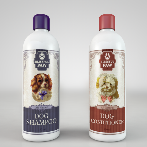 Dog label with the title 'Vintage label for all-natural dog shampoo and conditioner'