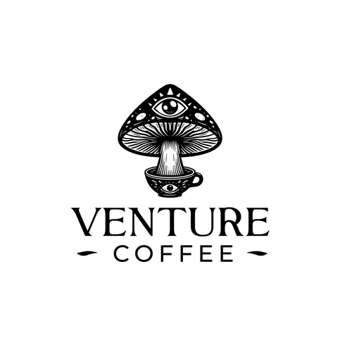 Mushroom logo with the title 'Logo Venture Coffee'
