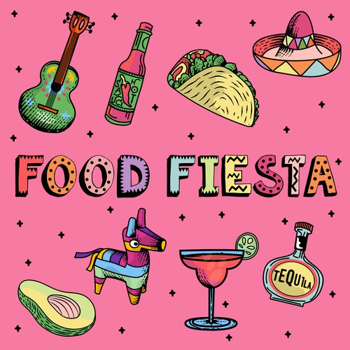 Sticker artwork with the title 'FOOD FIESTA Patterns & Sticker Designs'
