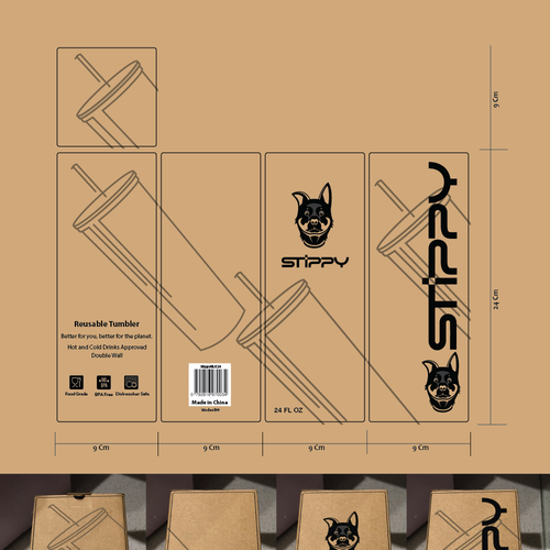 Glass packaging with the title 'Packaging for Stippy product'