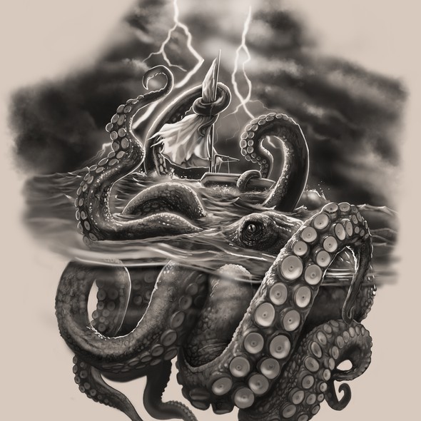 Tattoo artwork with the title 'Half sleeve - Nautical, Kraken versus small sailboat featured'