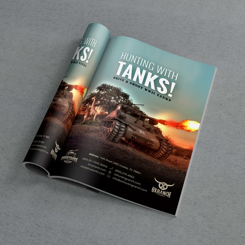 Shooting design with the title 'Magazine ad for our Tank Driving experience and our Hunting Ranch'