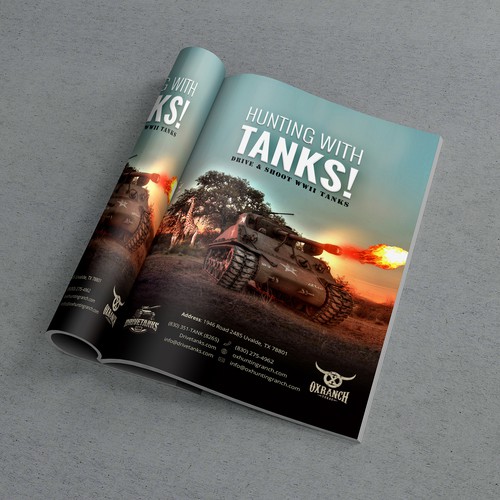 Magazine ad design with the title 'Magazine ad for our Tank Driving experience and our Hunting Ranch'