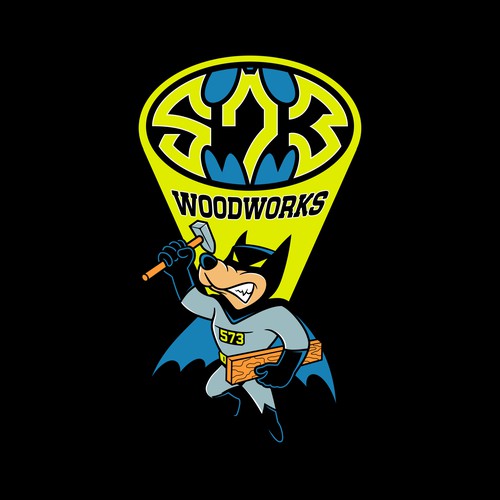 Woodcraft design with the title 'Cartoon hero logo design for 573 WOODWORKS'
