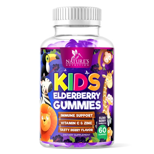 Kids label with the title 'Nature's Nutrition Kids Elderberry Gummies'