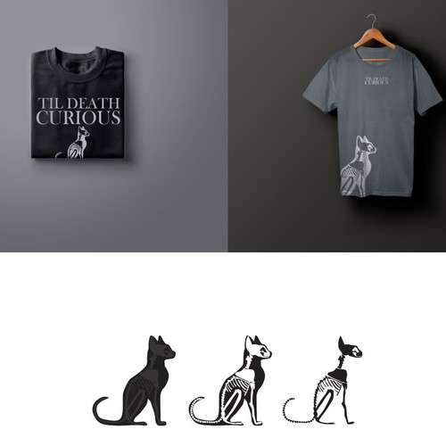 Cat t-shirt with the title 'Til Death Curious'