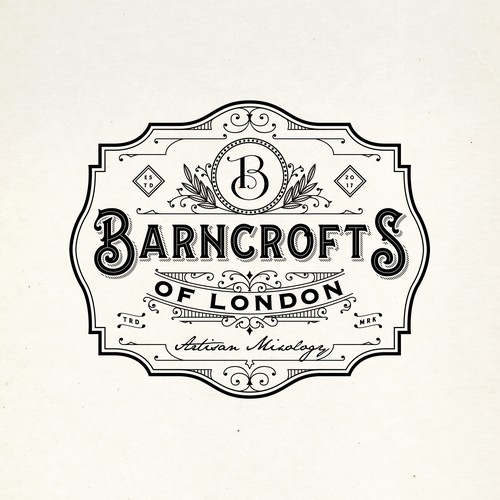 Gin design with the title 'BANCROFTS OF LONDON LOGO PROPOSAL'