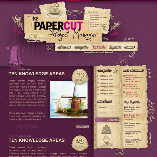 Hand-drawn website with the title 'PaperCut Project Manager'