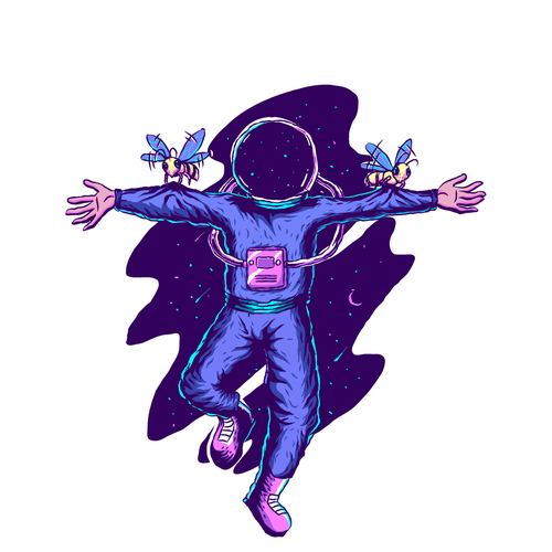Purple brand with the title 'Bee carrying an Astronaut!'