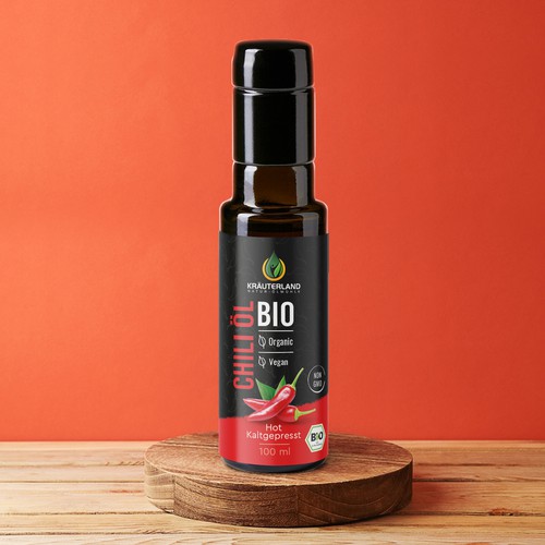Retail label with the title 'KRÄUTERLAND / Chiliöl'