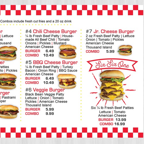 Fast food design with the title 'Clean, yet fun menu boards for burger joint'