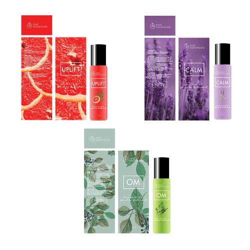 Oil packaging with the title 'Root Botanicals'