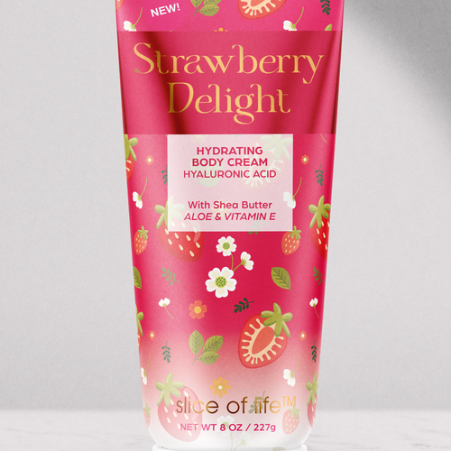 Strawberry packaging with the title 'Body cream for young women'