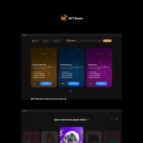 Crypto website with the title 'NFT Boxes'