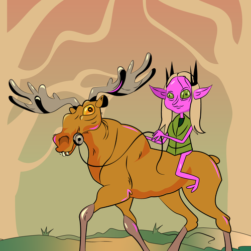 Elf design with the title 'Psychedelic ugly illustration of an elf with a moose.'