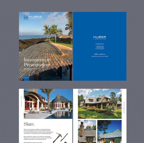 Roof design with the title 'Elegant Booklet for Huber + Associates Roofing Company'
