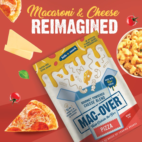 Cheese packaging with the title 'Packaging range for Mac-Over Gourmet Powdered Cheese Blend '