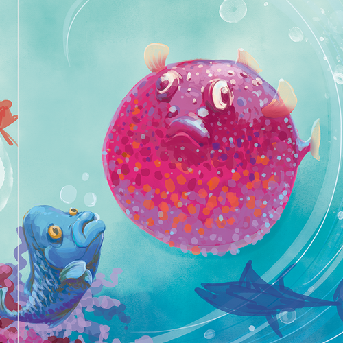 Character artwork with the title 'Illustration for the story about a fish that holds her breath in and grows bigger and bigger.'
