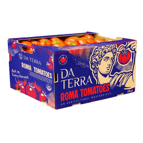 Kraft paper packaging with the title 'World's most innovative box for tomatoes, crafted like a work of art'
