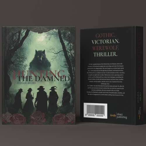 Victorian book cover with the title 'Hunter in the forest with werewolf'