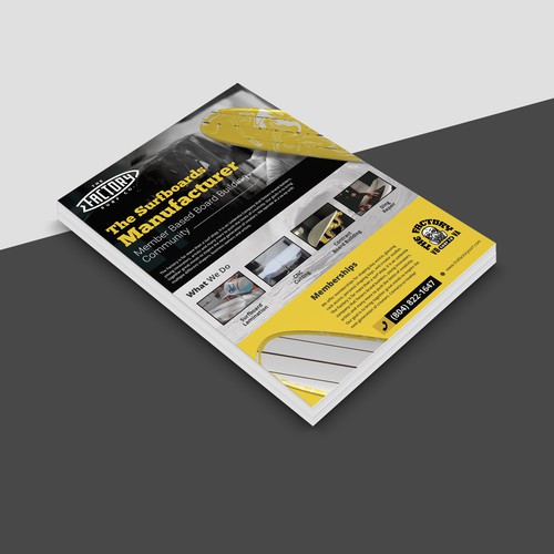 Surfboard design with the title 'Marketing Flyer Design for Surfboard Company'