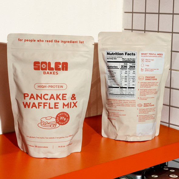 Food design with the title 'High-protein pancake & waffle mix packaging'