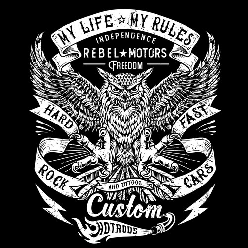 Motorcycle design with the title 'fictional Custom Hot Rod'