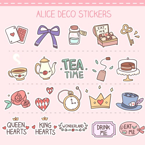 Pastel artwork with the title 'Alice Deco Stickers'